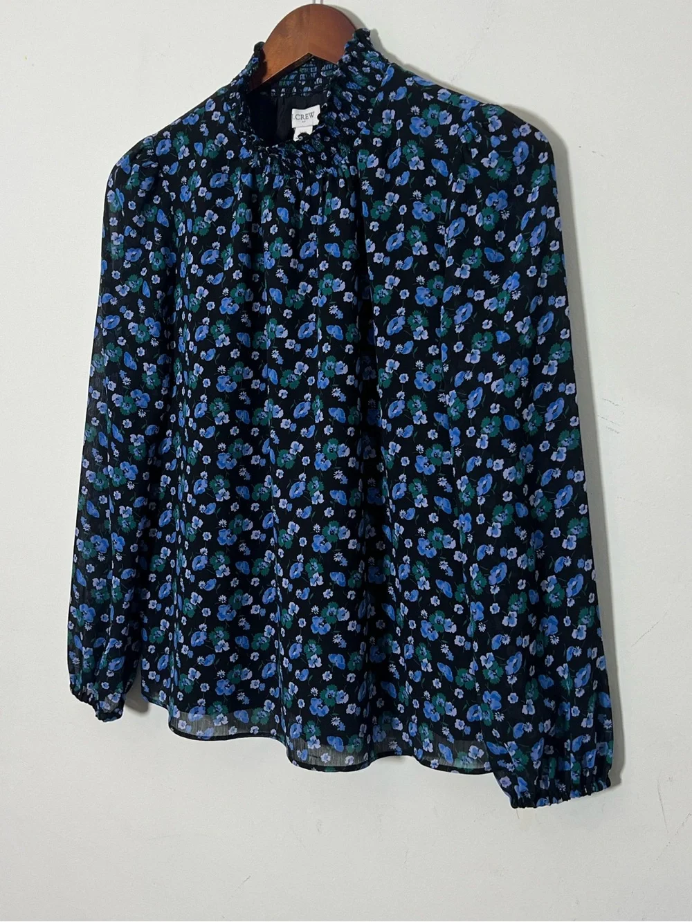 J. Crew Smocked Neck Blue Floral Long-Sleeve Women's Top